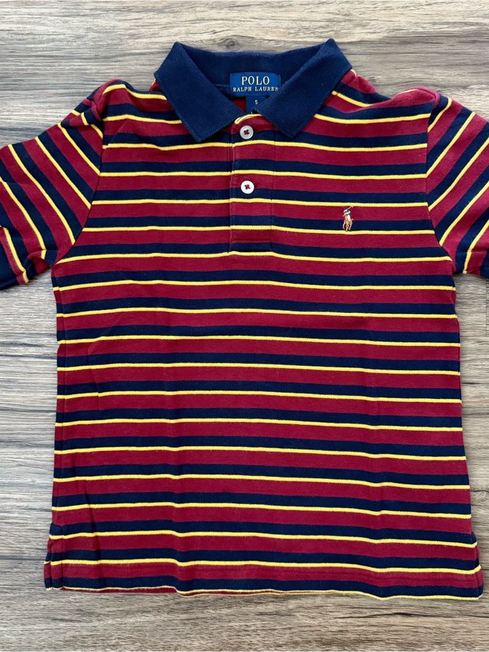 Polo Ralph Lauren 5T Burgundy Navy Yellow Striped Polo Shirt Flesh Pony Rugby